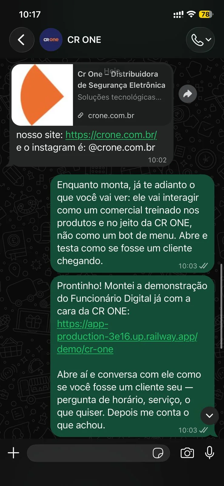 Conversa real: link da demo entregue