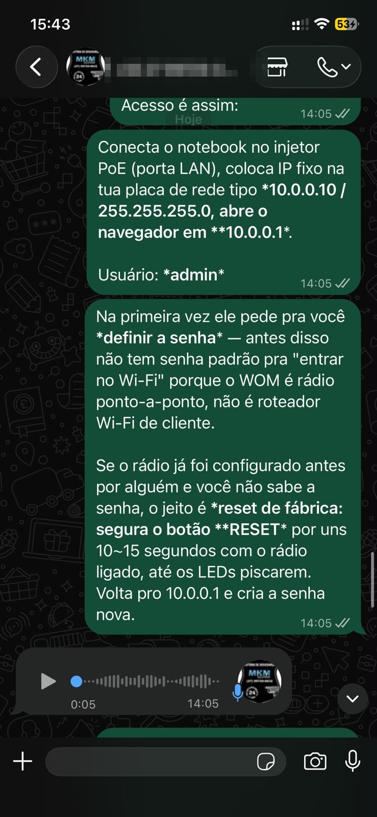 Acesso e reset de rádio
